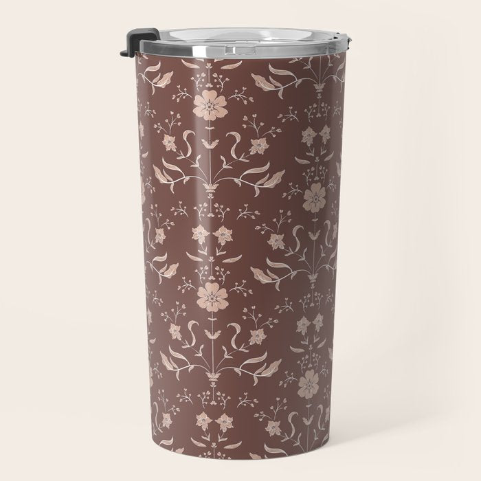 Cafe Block Print Floral - Brown Pink Travel Mug Gallery Image 3