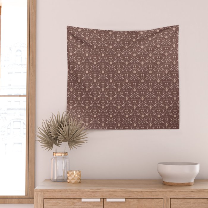 Cafe Block Print Floral - Brown Pink Wall Tapestry Gallery Image 2