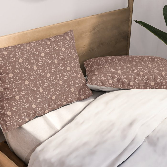 Cafe Block Print Floral - Brown Pink Pillow Sham Gallery Image 2