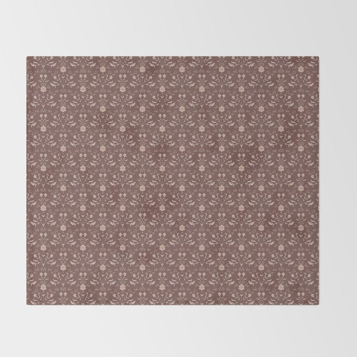 Cafe Block Print Floral - Brown Pink Throw Blanket Gallery Image 2