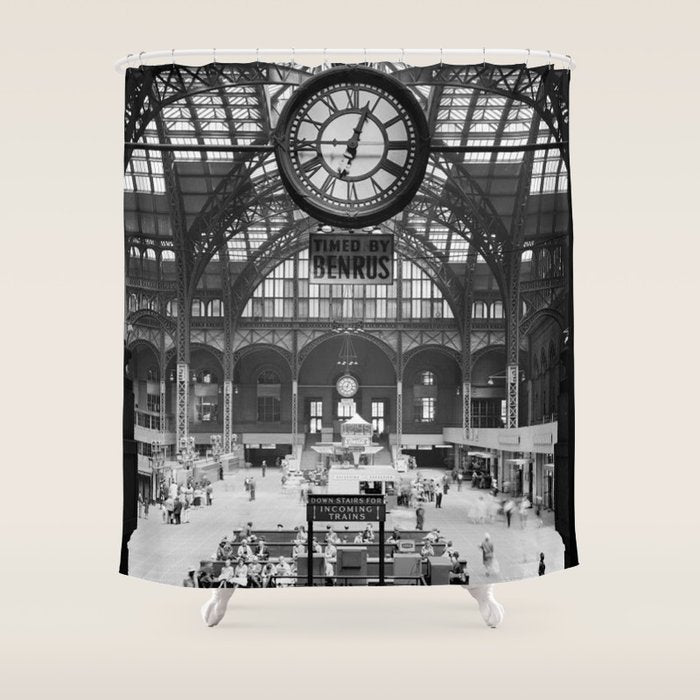 Penn Station 370 Seventh Avenue Train Station Concourse New York black and white photography - photo Shower Curtain Gallery Image 1