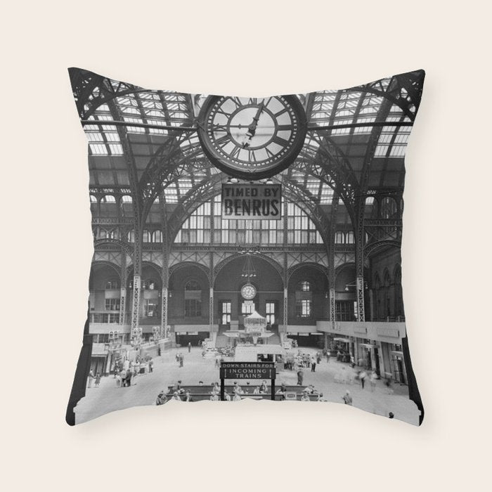 Penn Station 370 Seventh Avenue Train Station Concourse New York black and white photography - photo Throw Pillow Gallery Image 1