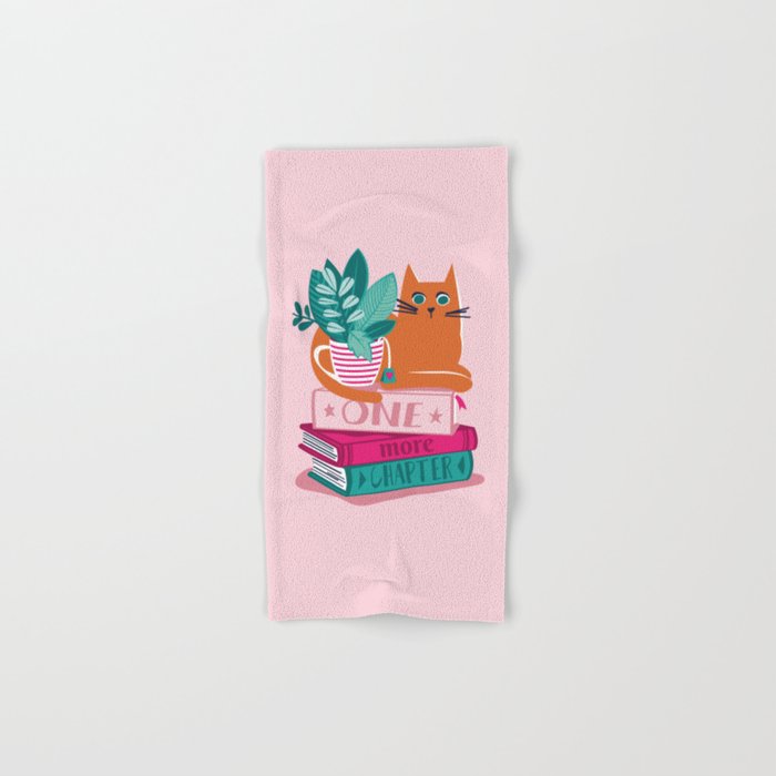 One more chapter // pastel pink background orange tabby cat striped mug with plants fuchsia pink and green books  Bath Towel Gallery Image 1