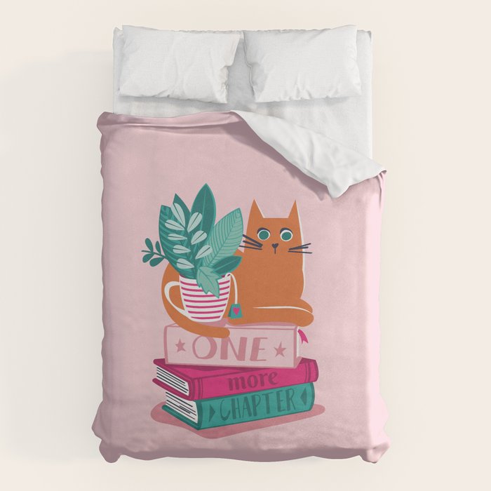 One more chapter // pastel pink background orange tabby cat striped mug with plants fuchsia pink and green books  Duvet Cover Gallery Image 1