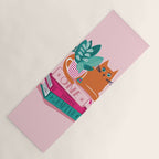 One more chapter // pastel pink background orange tabby cat striped mug with plants fuchsia pink and green books  Yoga Mat Gallery Image 1