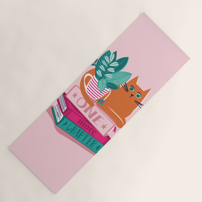 One more chapter // pastel pink background orange tabby cat striped mug with plants fuchsia pink and green books  Yoga Mat Gallery Image 1