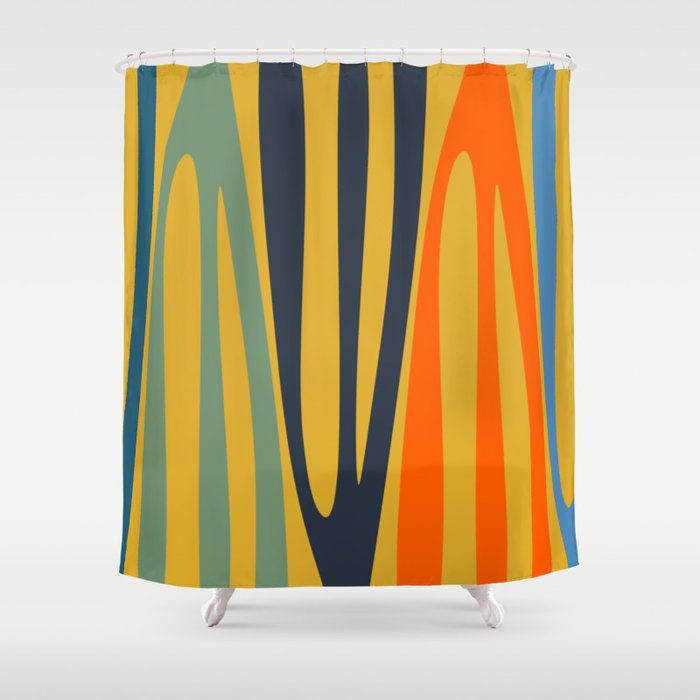 Midcentury Terzo Stripes Abstract Minimalist Pattern Mustard Blue Orange Shower Curtain Gallery Image 1