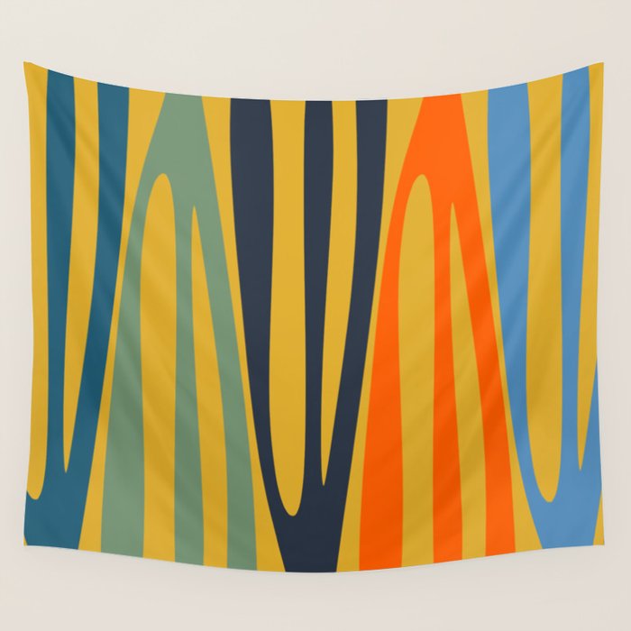 Midcentury Terzo Stripes Abstract Minimalist Pattern Mustard Blue Orange Wall Tapestry Gallery Image 4