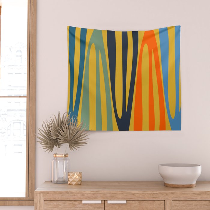Midcentury Terzo Stripes Abstract Minimalist Pattern Mustard Blue Orange Wall Tapestry Gallery Image 2