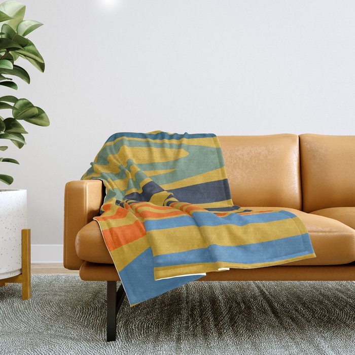 Midcentury Terzo Stripes Abstract Minimalist Pattern Mustard Blue Orange Throw Blanket Gallery Image 1