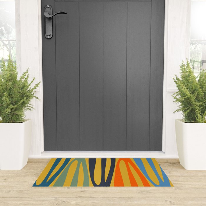 Midcentury Terzo Stripes Abstract Minimalist Pattern Mustard Blue Orange Welcome Mat Gallery Image 3
