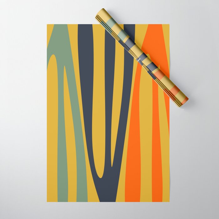 Midcentury Terzo Stripes Abstract Minimalist Pattern Mustard Blue Orange Wrapping Paper Gallery Image 1