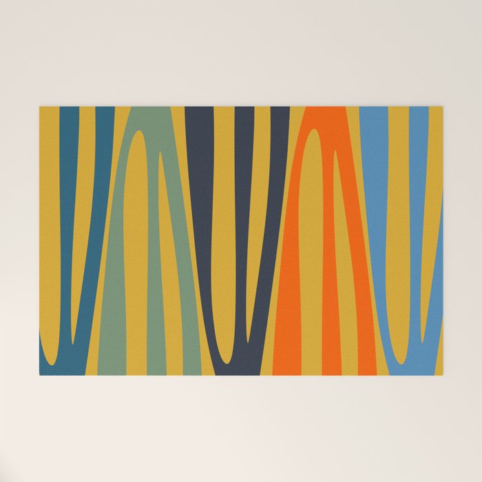 Midcentury Terzo Stripes Abstract Minimalist Pattern Mustard Blue Orange Welcome Mat Gallery Image 1