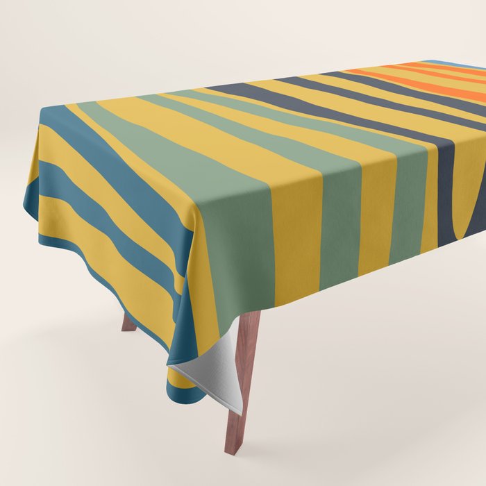 Midcentury Terzo Stripes Abstract Minimalist Pattern Mustard Blue Orange Tablecloth Gallery Image 1