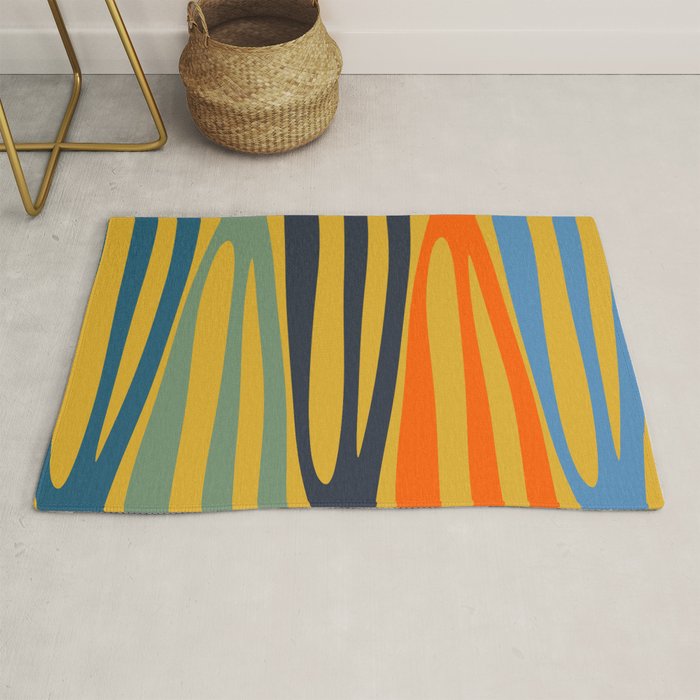 Midcentury Terzo Stripes Abstract Minimalist Pattern Mustard Blue Orange Rug Gallery Image 1