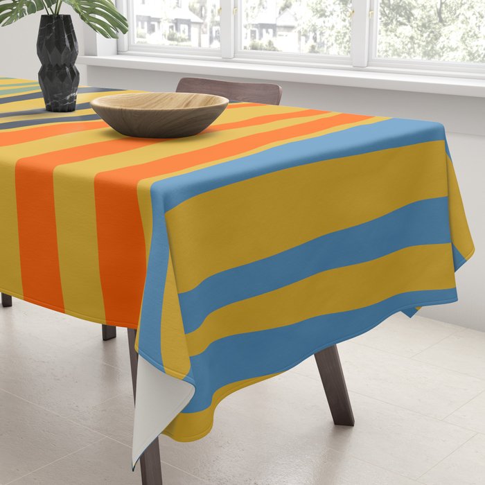 Midcentury Terzo Stripes Abstract Minimalist Pattern Mustard Blue Orange Tablecloth Gallery Image 3