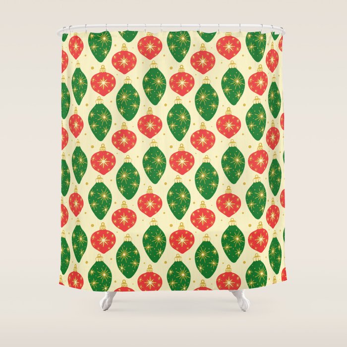 Vintage Christmas Ornaments Baubles Red Green Shower Curtain Gallery Image 1