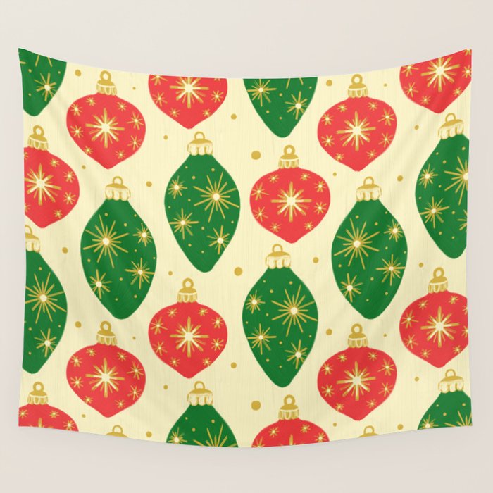 Vintage Christmas Ornaments Baubles Red Green Wall Tapestry Gallery Image 4
