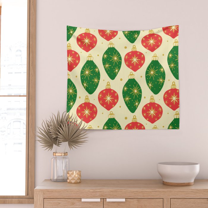 Vintage Christmas Ornaments Baubles Red Green Wall Tapestry Gallery Image 2