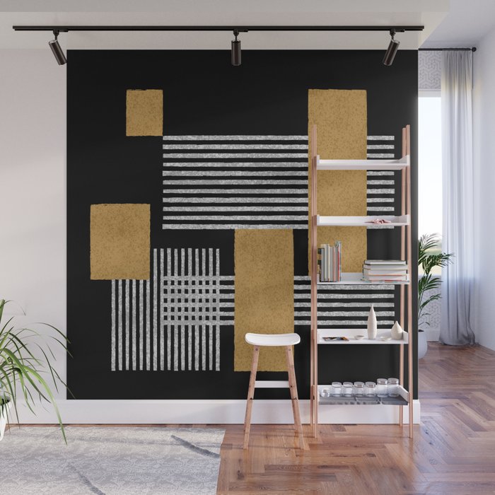 Stripes and Squares on Black Composition - Abstract Wall Mural Gallery Image 1