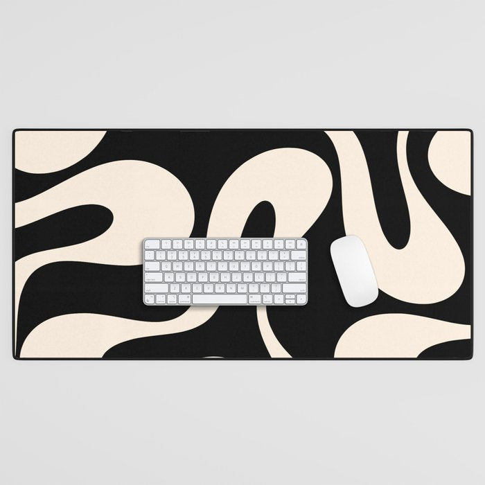 Soft Curves Retro Modern Abstract Pattern in Black and Almond Cream Desk Mat Gallery Image 1