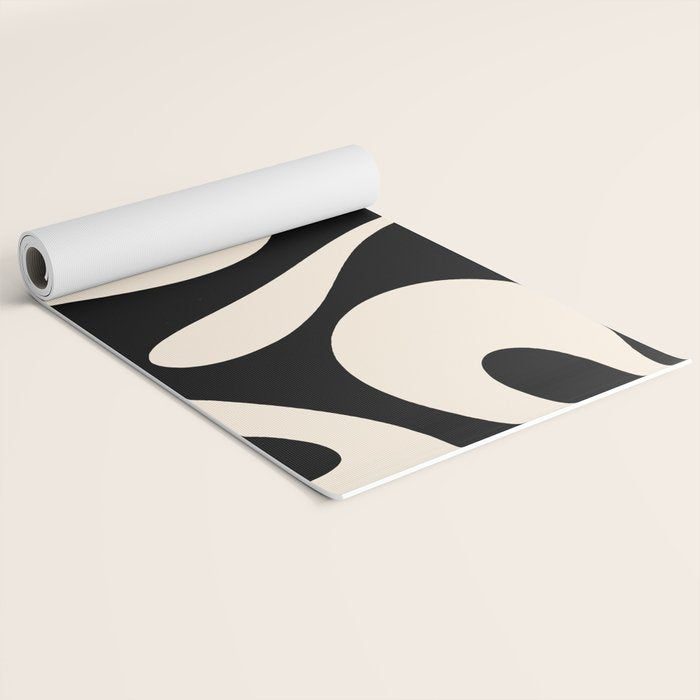 Soft Curves Retro Modern Abstract Pattern in Black and Almond Cream Yoga Mat Gallery Image 2