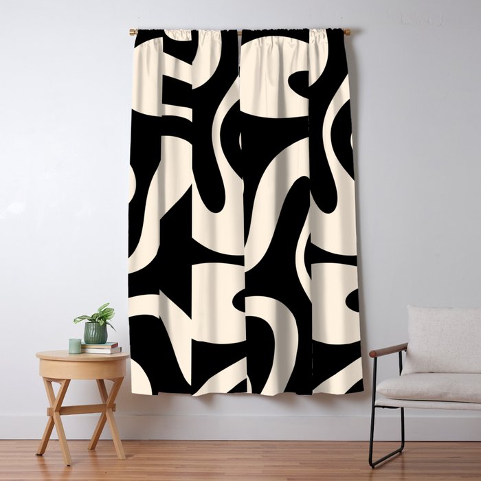 Soft Curves Retro Modern Abstract Pattern in Black and Almond Cream Window Curtain Gallery Image 5