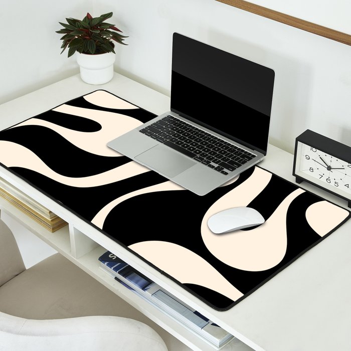 Soft Curves Retro Modern Abstract Pattern in Black and Almond Cream Desk Mat Gallery Image 2