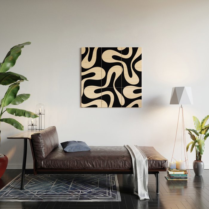 Soft Curves Retro Modern Abstract Pattern in Black and Almond Cream Wood Wall Art Gallery Image 2