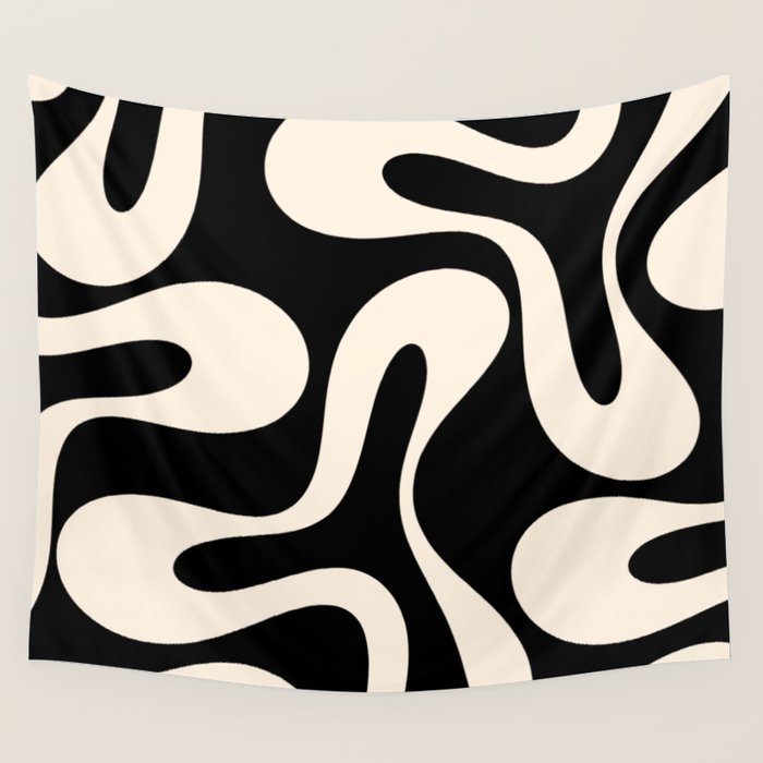 Soft Curves Retro Modern Abstract Pattern in Black and Almond Cream Wall Tapestry Gallery Image 1