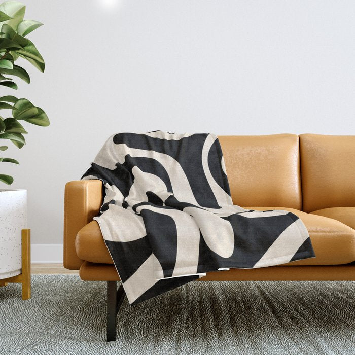 Soft Curves Retro Modern Abstract Pattern in Black and Almond Cream Throw Blanket Gallery Image 1