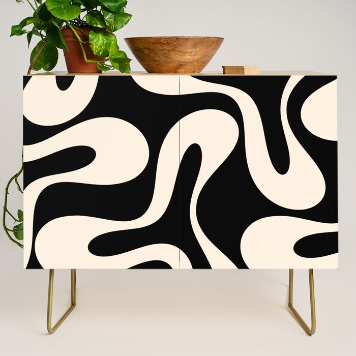 Soft Curves Retro Modern Abstract Pattern in Black and Almond Cream Credenza Gallery Image 1