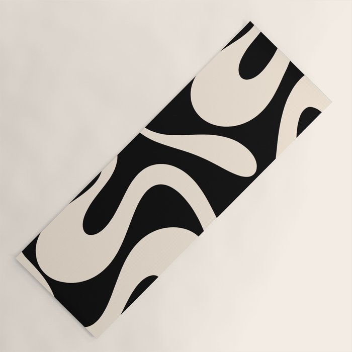 Soft Curves Retro Modern Abstract Pattern in Black and Almond Cream Yoga Mat Gallery Image 1