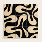 Soft Curves Retro Modern Abstract Pattern in Black and Almond Cream Wood Wall Art Gallery Image 1