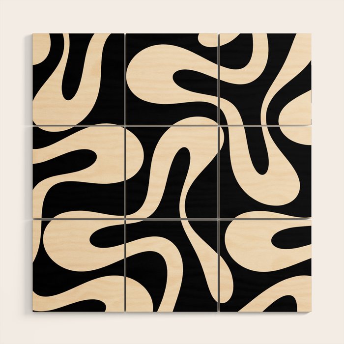 Soft Curves Retro Modern Abstract Pattern in Black and Almond Cream Wood Wall Art Gallery Image 1