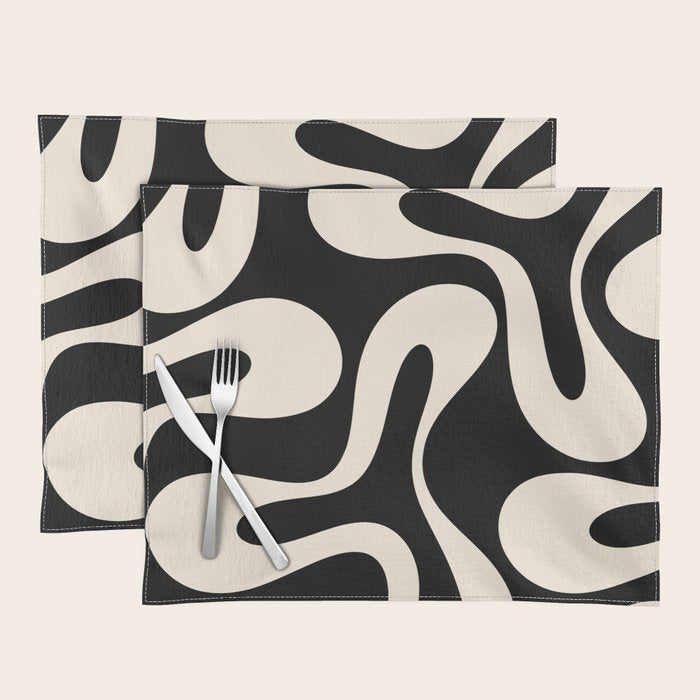 Soft Curves Retro Modern Abstract Pattern in Black and Almond Cream Placemat Gallery Image 1