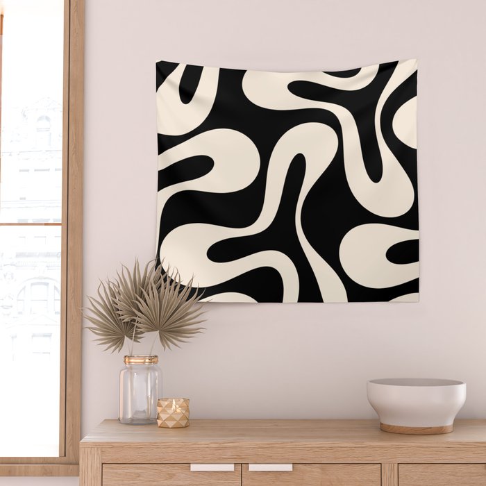 Soft Curves Retro Modern Abstract Pattern in Black and Almond Cream Wall Tapestry Gallery Image 2