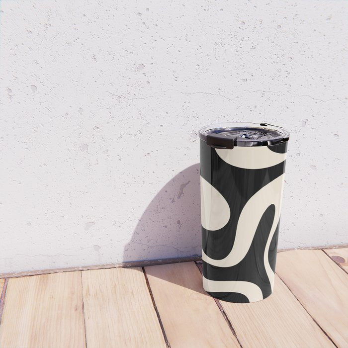 Soft Curves Retro Modern Abstract Pattern in Black and Almond Cream Travel Mug Gallery Image 4