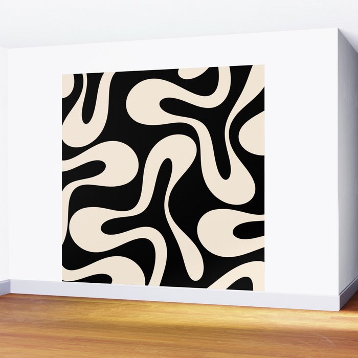 Soft Curves Retro Modern Abstract Pattern in Black and Almond Cream Wall Mural Gallery Image 2