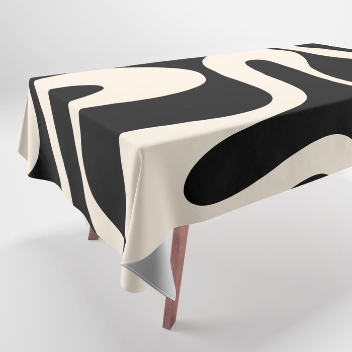 Soft Curves Retro Modern Abstract Pattern in Black and Almond Cream Tablecloth Gallery Image 1