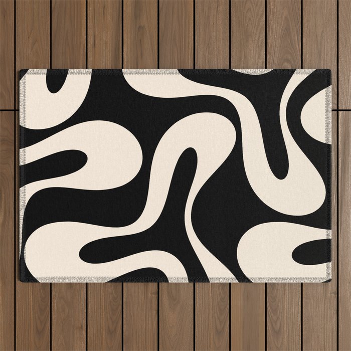 Soft Curves Retro Modern Abstract Pattern in Black and Almond Cream Outdoor Rug Gallery Image 1