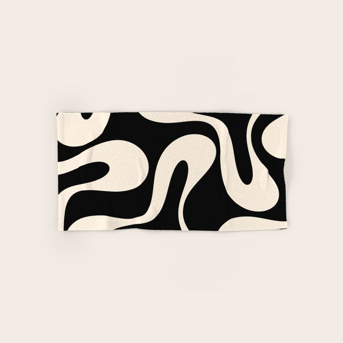 Soft Curves Retro Modern Abstract Pattern in Black and Almond Cream Bath Towel Gallery Image 1