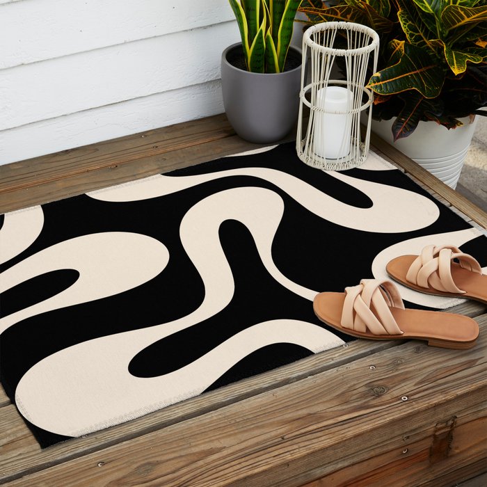 Soft Curves Retro Modern Abstract Pattern in Black and Almond Cream Outdoor Rug Gallery Image 2