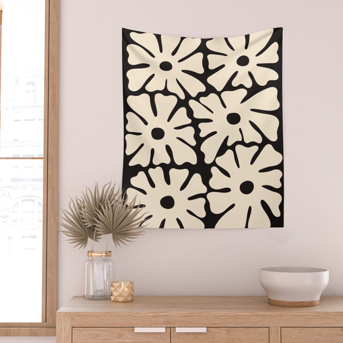 Mid-Century Flowers in Black & White Wall Tapestry Gallery Image 2