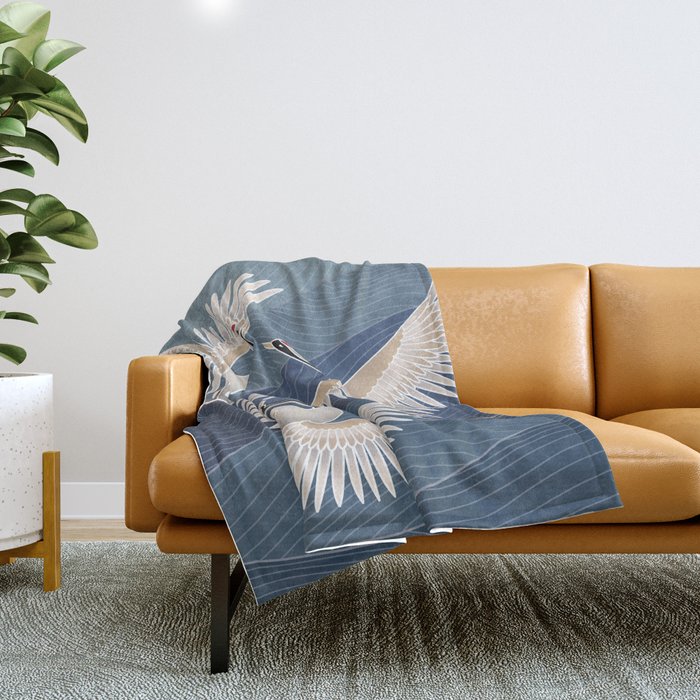 cranes, asian style art Throw Blanket Gallery Image 1