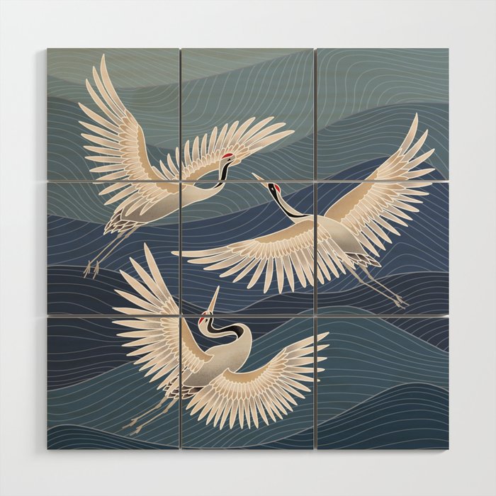 cranes, asian style art Wood Wall Art Gallery Image 1