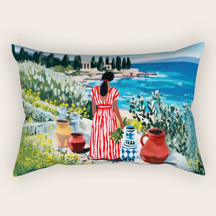 Red Dress by the Sea Rectangular Pillow Gallery Image 1