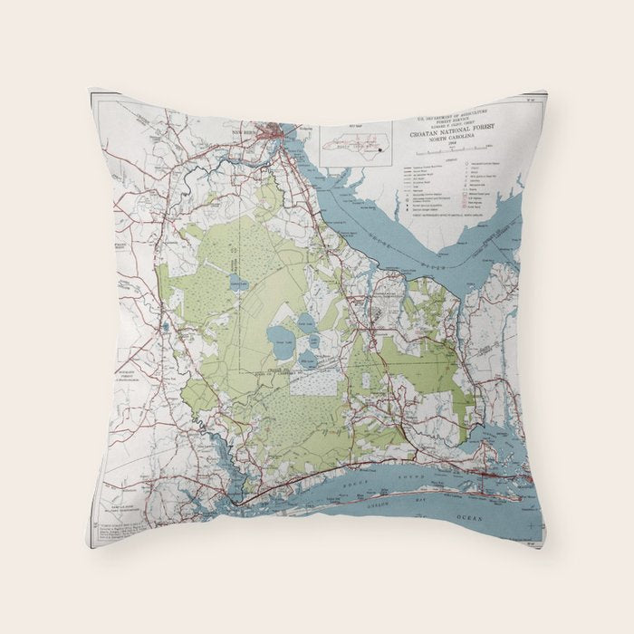Old Croatan National Forest Map (1964) Vintage NC Woodland Recreational Area Map Throw Pillow Gallery Image 6