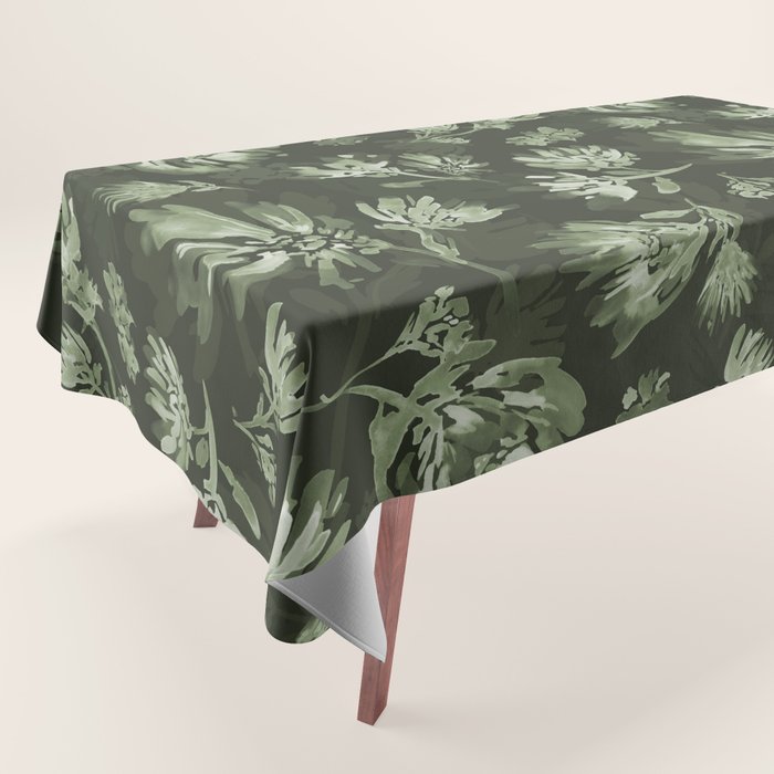 White and dark Sage green flowers watercolor pattern Tablecloth Gallery Image 1