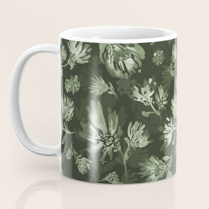 White and dark Sage green flowers watercolor pattern Coffee Mug Gallery Image 3